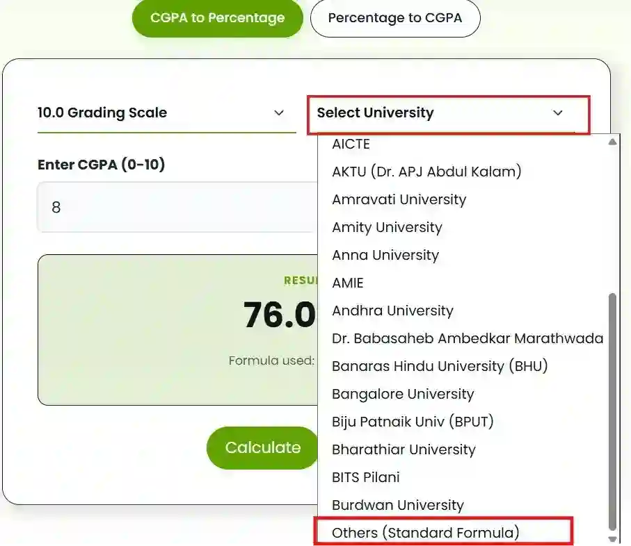CGPA to percentage based on the university