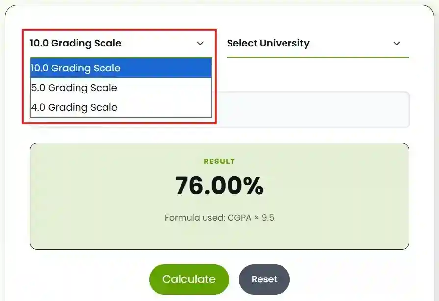 CGPA to percentage with a different grading scale