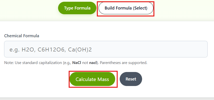 molecular mass finder showing molar mass result and element breakdown for a chemical formula