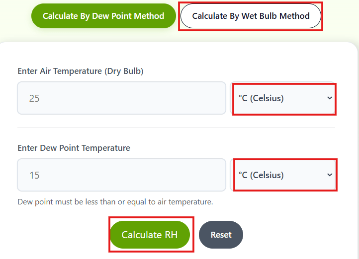relative humidity calculator showing RH result with dew point method selected
