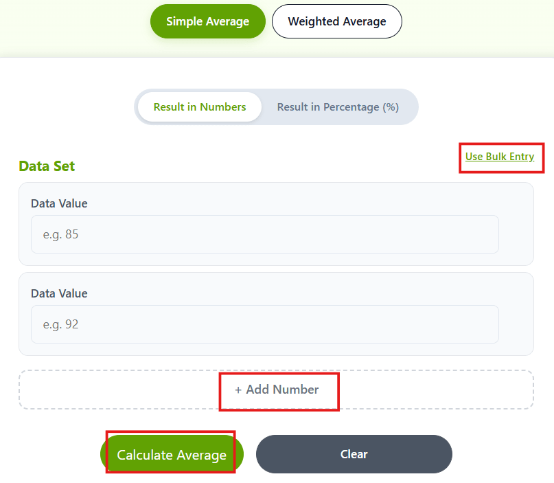 average calculator with weighting showing simple and weighted average result